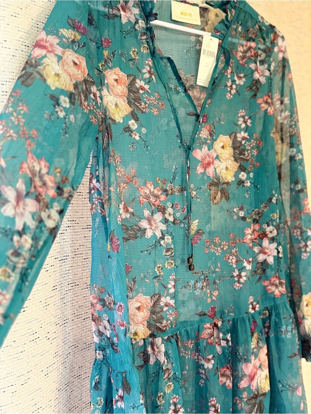 NWT Anthropologie Maive Teal Floral Ruffle-Trim Sheer Long-Sleeve Dress. Size XS - Picture 9 of 16